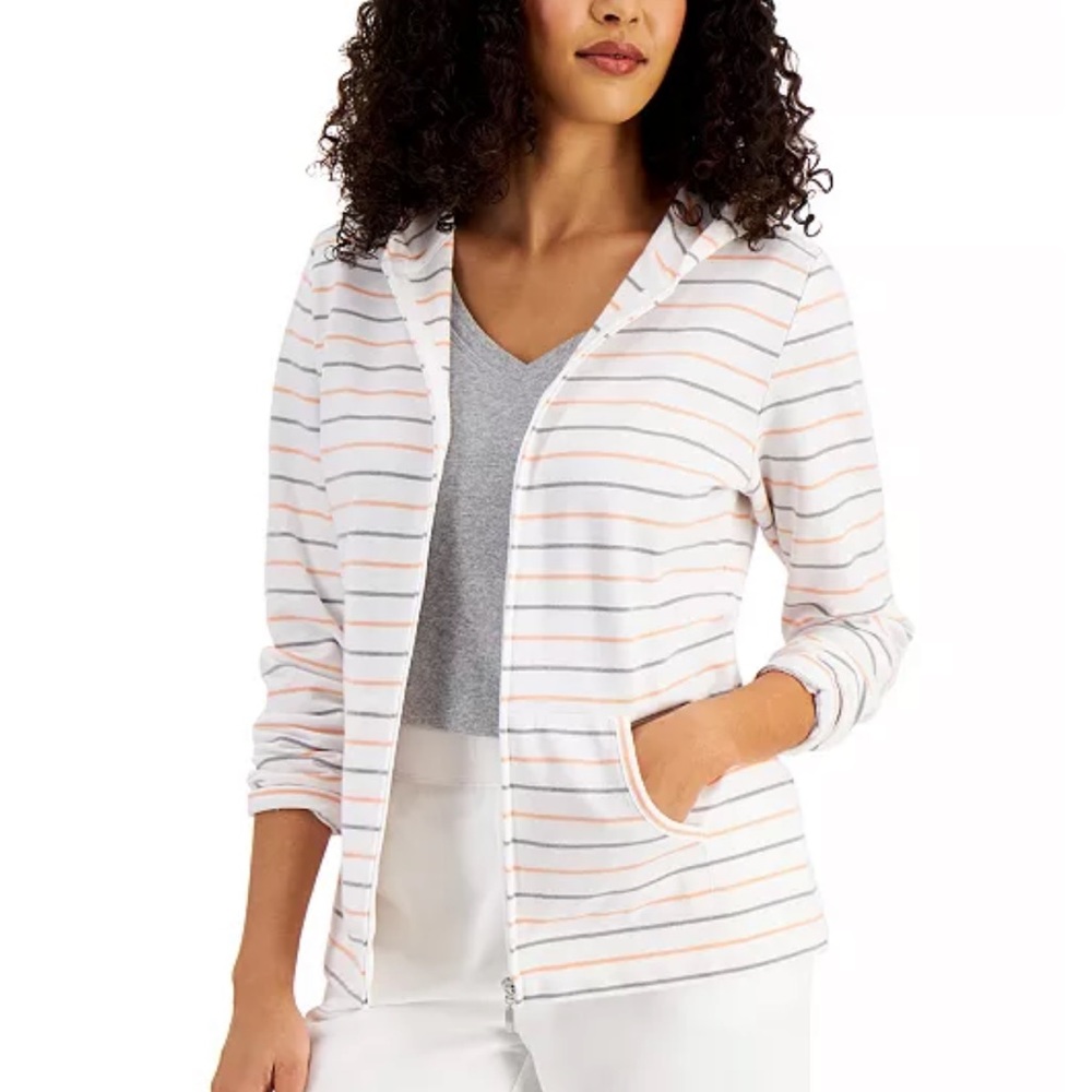 Karen Scott Bright Striped Hooded Top White hoodie